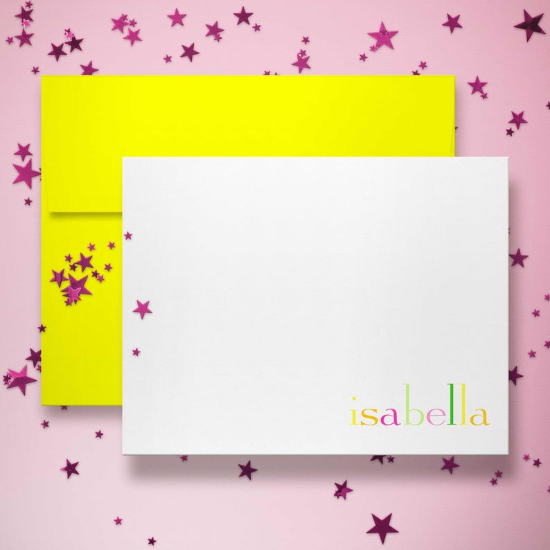 Children’s note card set with personalized rainbow name design, perfect for kids thank you notes and pen pal notes