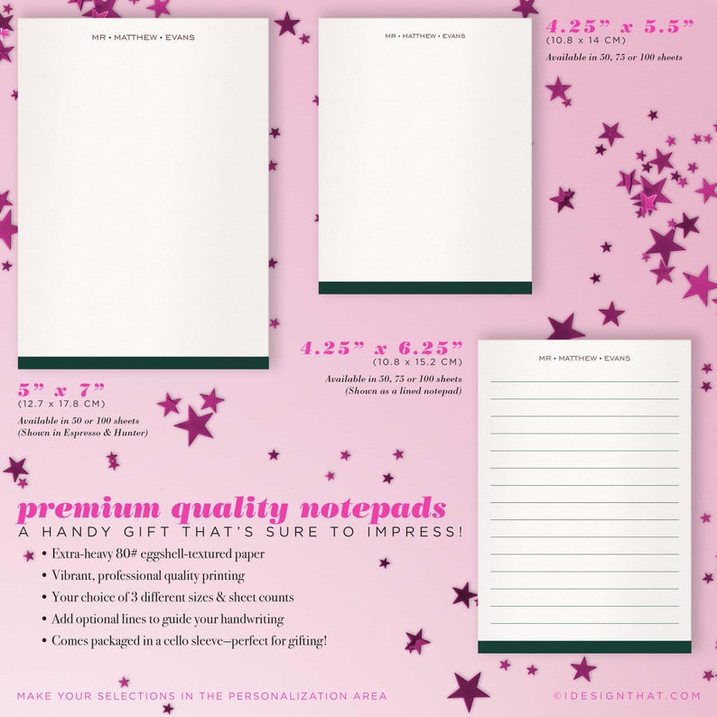 Notepad size comparison chart showing 4.25 x 5.5, 4.25 x 6.25, and 5 x 7-inch personalized gift options with multiple sheet counts.