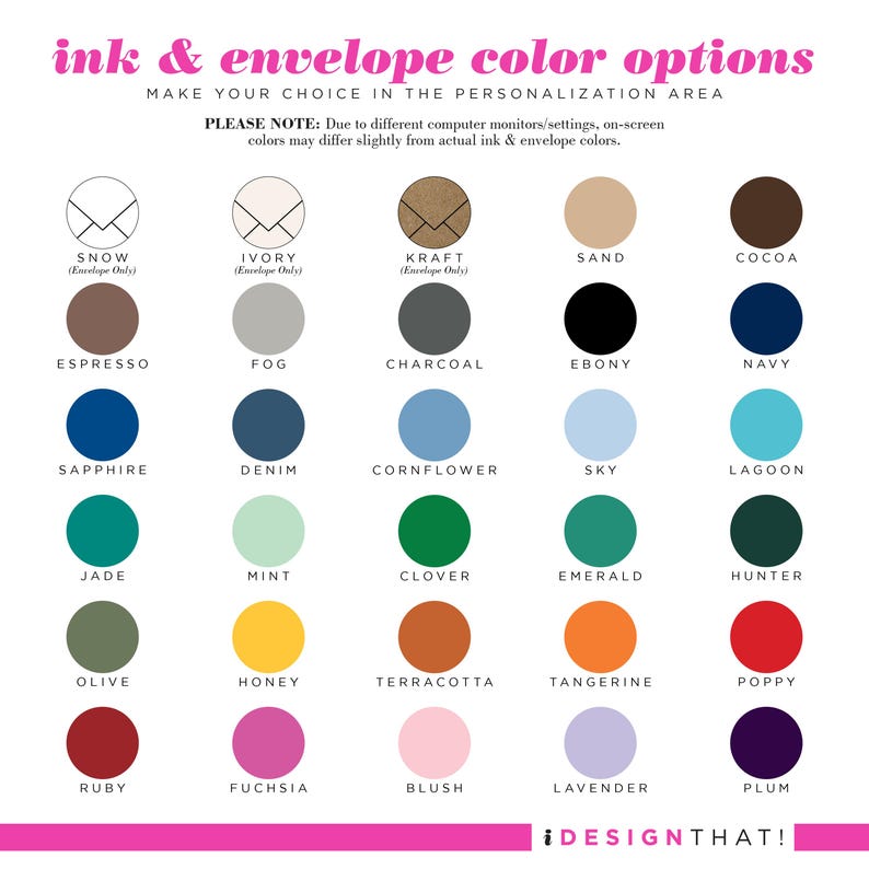 Ink color choice chart for personalized monogram notepads, showing available ink colors for custom stationary, monogram stationery, and gifts for her.