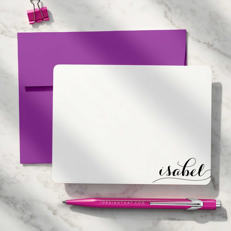 Personalized notecards with envelopes featuring the HOLLA SWASH modern calligraphy name design for women and girls