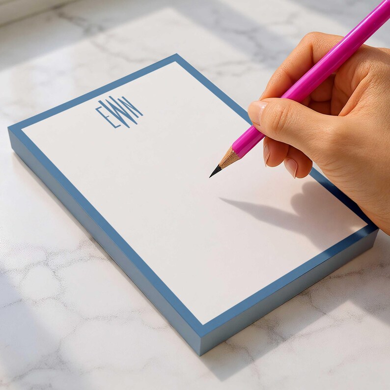 Custom stationary for women featuring a modern monogram notepad layout with personalized name text and clean writing space.