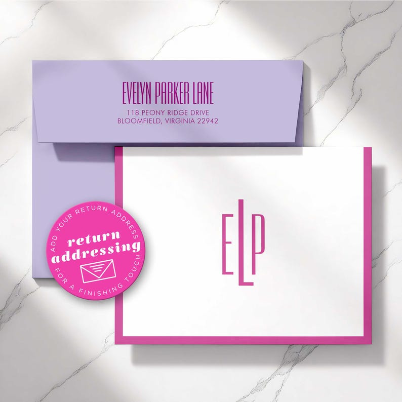 Slim Monogram stationery with optional return address printing shown on the A2 envelope flap for a polished mailing finish.