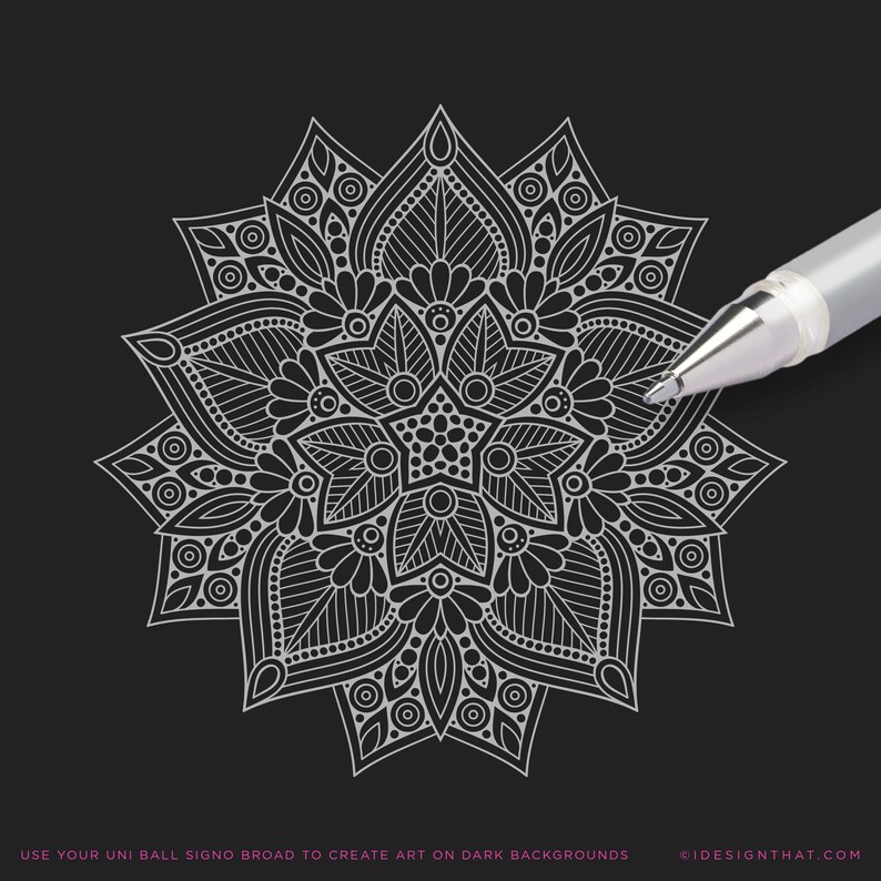 May include: A symmetrical mandala design in white ink on a black background. A silver pen is positioned near the mandala, suggesting the creation of art. The text at the bottom reads: USE YOUR UNI BALL SIGNO BROAD TO CREATE ART ON DARK BACKGROUNDS.