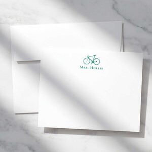 Custom note cards with bike illustration and personalized name, designed as a bike lover gift for handwritten notes and everyday mail.