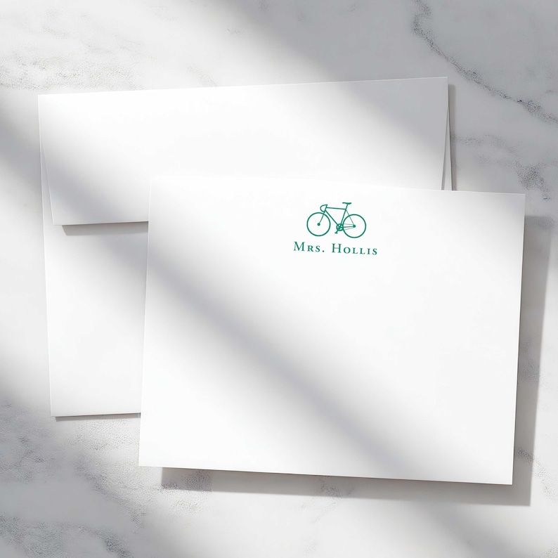 Custom note cards with bike illustration and personalized name, designed as a bike lover gift for handwritten notes and everyday mail.
