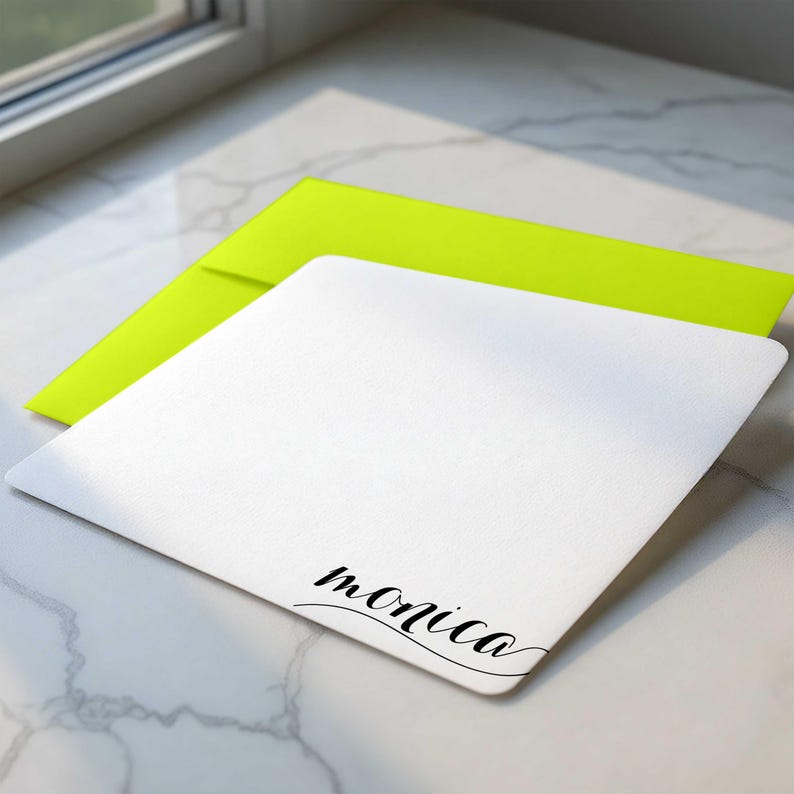 Modern calligraphy notecards with name personalization and matching envelopes for women and girls