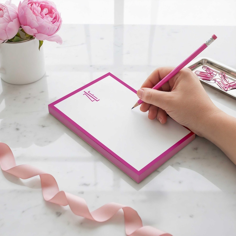 Monogrammed notepad with personalized name text, created as stationary paper for everyday notes, lists, and thoughtful gifting.