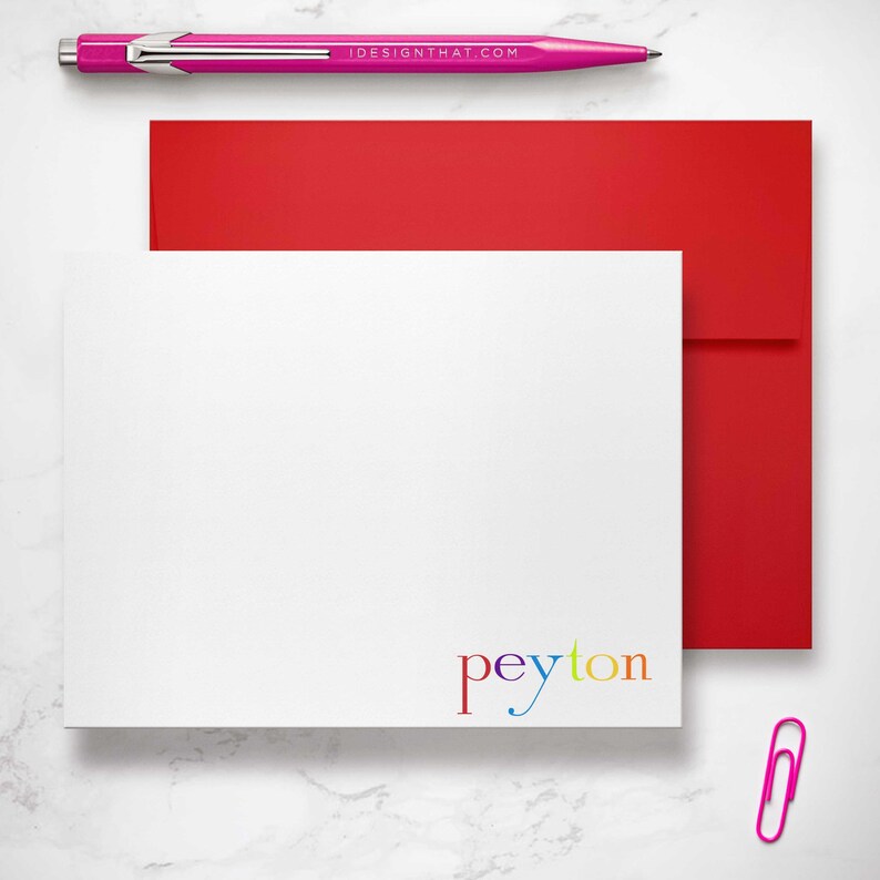 Boys stationary and girls custom cards with a cheerful rainbow name design for birthdays and everyday notes