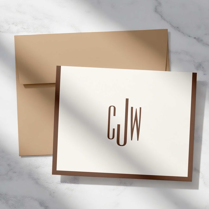 Folded A2 monogram cards personalized with three initials for personal desks, professional offices, and thoughtful gifts.