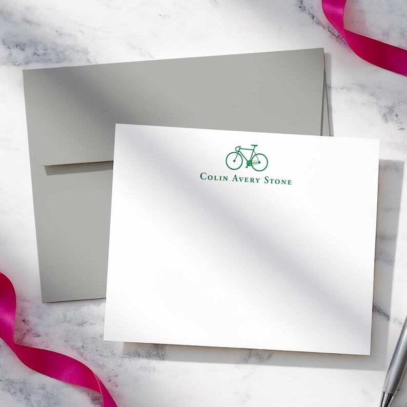 Personalized bicycle note cards with envelopes, created as a polished gift for men or women who enjoy bike-themed stationery.