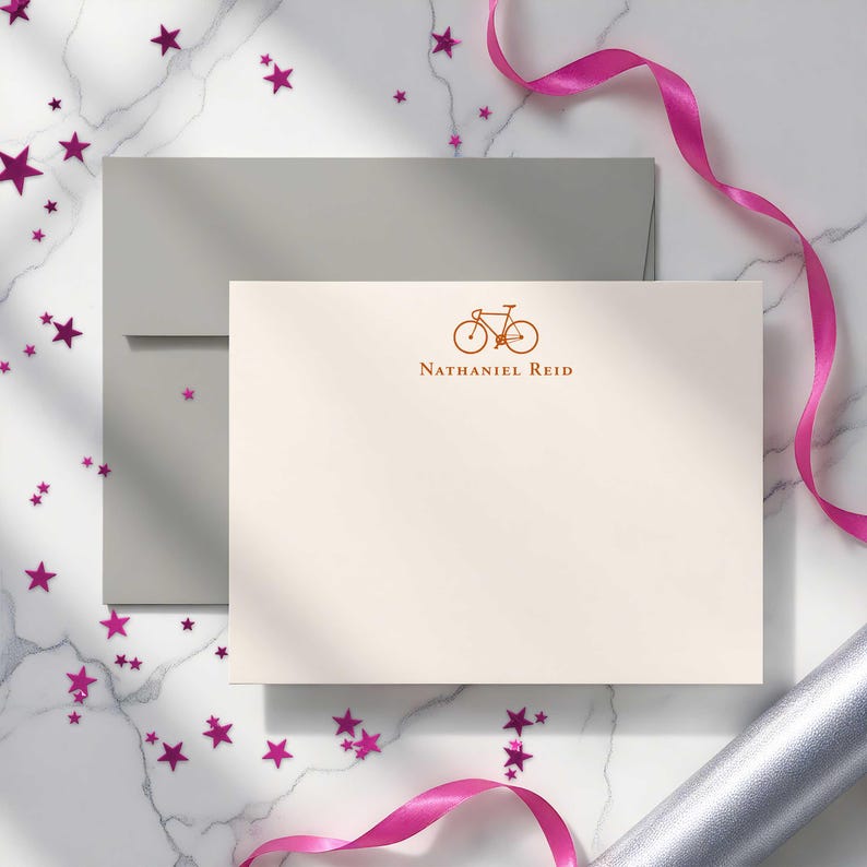 Mens note cards with personalized bike design and envelopes, made for birthdays, Father’s Day, coworkers, or everyday correspondence.