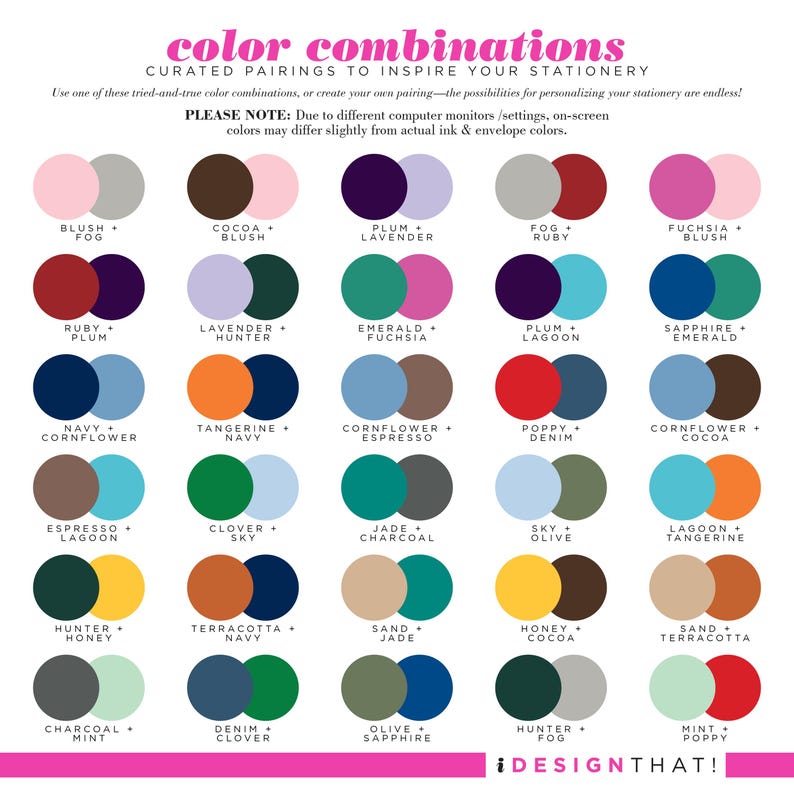 Color combination idea chart for personalized bicycle stationery with suggested cardstock, ink, and envelope pairings for bike note cards.