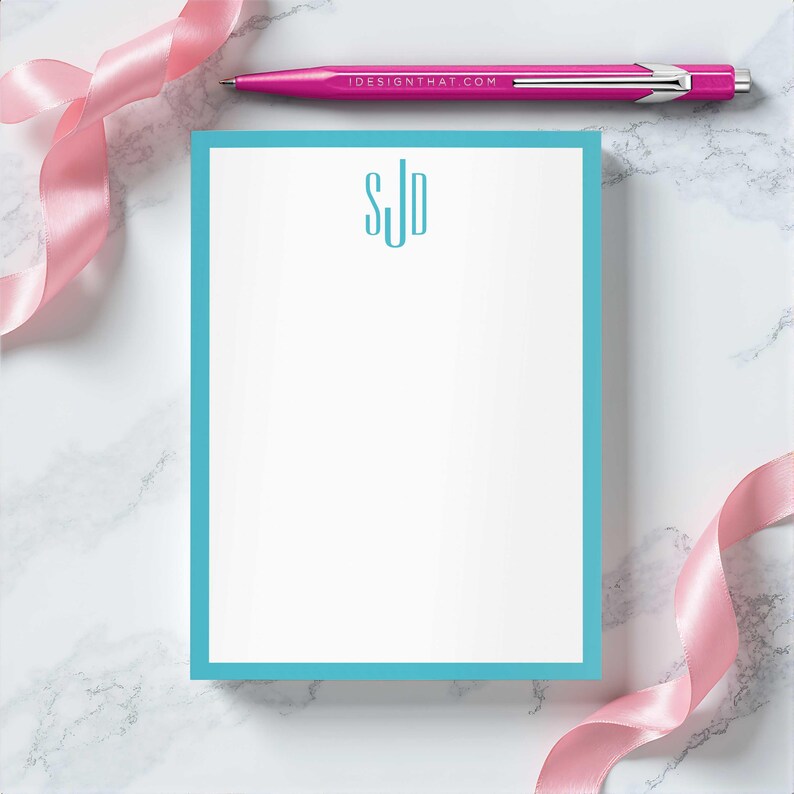 Initial notepad with slim monogram design and personalized text, made for lists, notes, planning, and everyday paper use.