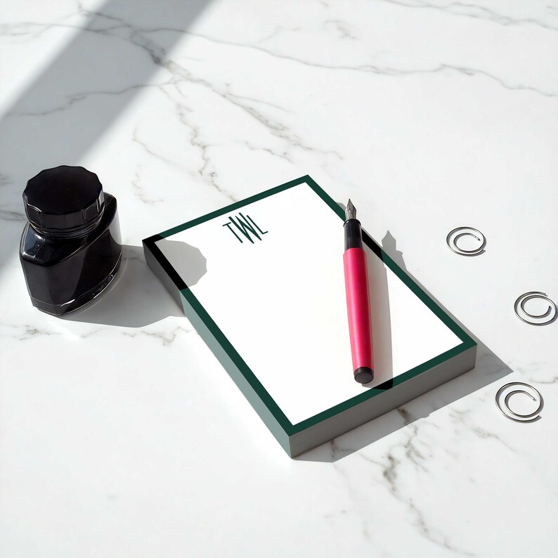 Personalized pads with clean monogram styling, designed as stationery for women who like paper that feels polished and practical.