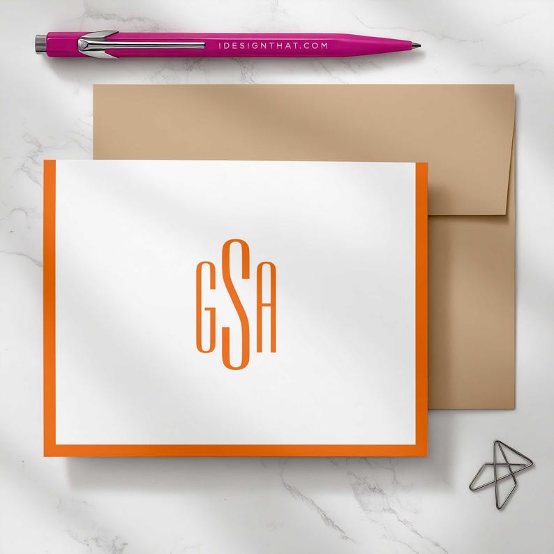 Monogrammed folded notecards designed for thank-you messages, birthdays, condolences, congratulations, and everyday hellos.