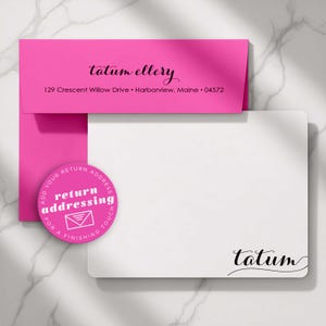 Personalized notecards with envelopes showing optional return address printing for a polished custom stationery set