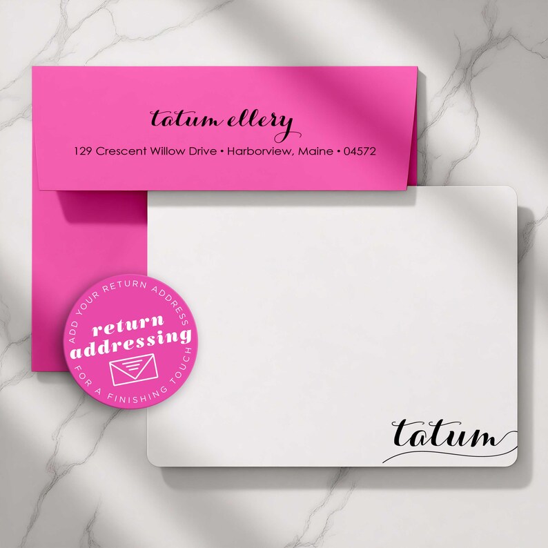 Personalized notecards with envelopes showing optional return address printing for a polished custom stationery set
