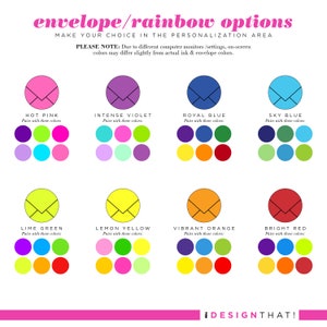 A colorful envelope and rainbow palette chart showcases every bright option for this rainbow stationery kids note card set of personalized notes.