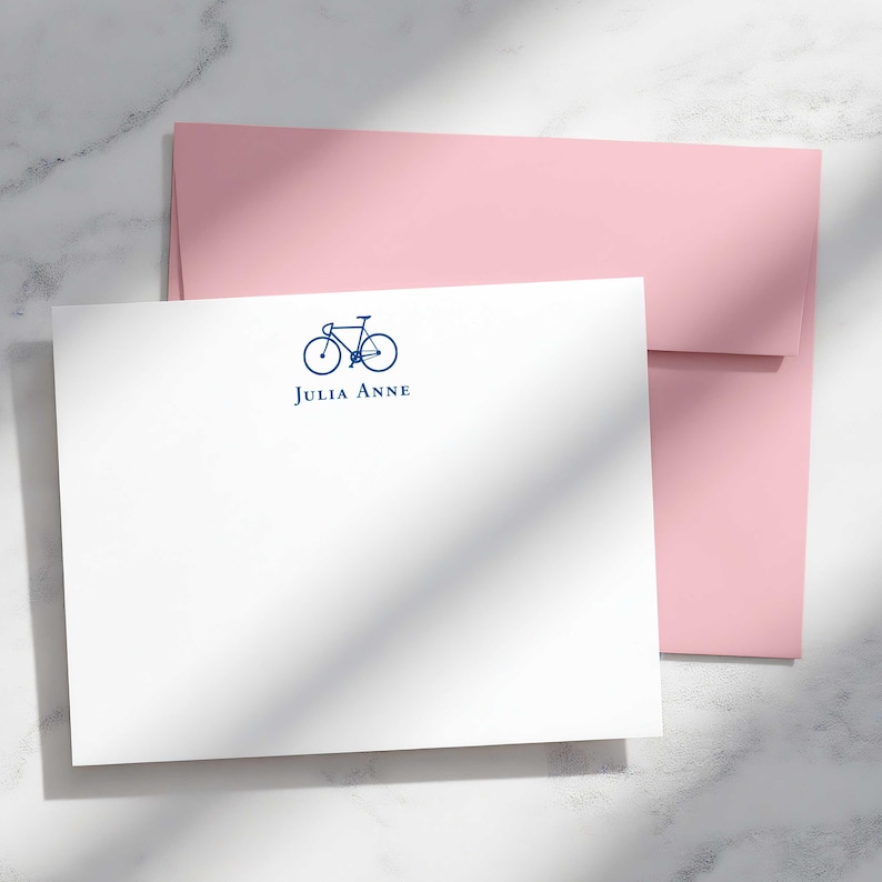 Personalized notecards with bicycle artwork and envelopes, a custom stationery gift for cyclists, commuters, or bike lovers.