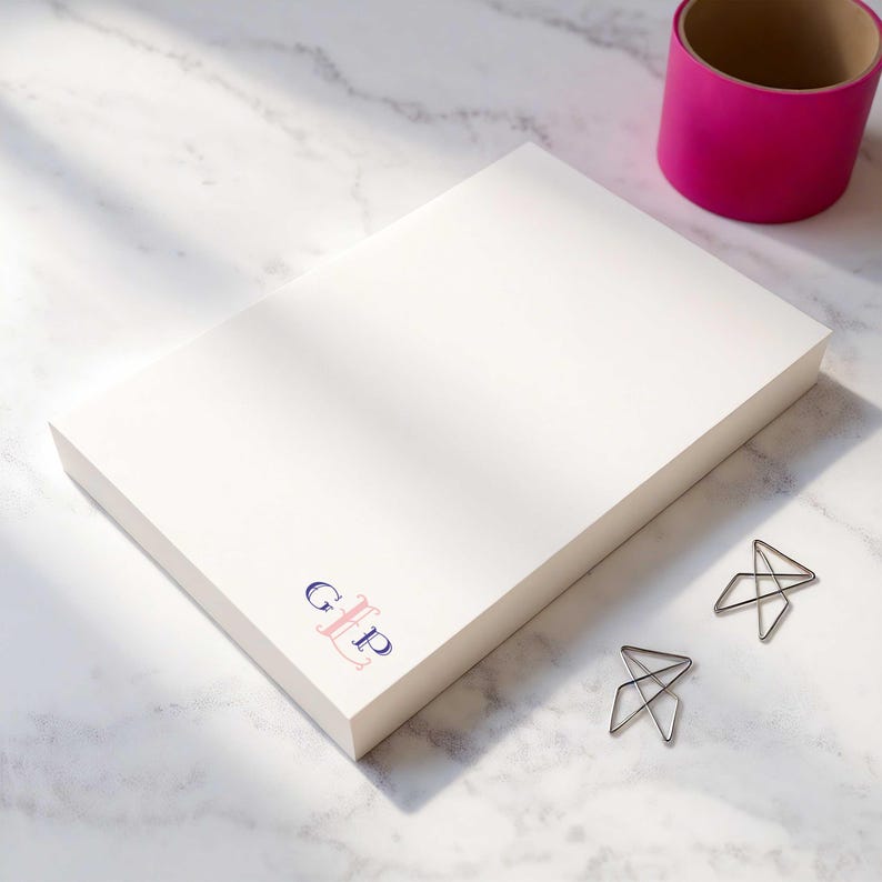 Initial notepad with Monterey Monogram styling, personalized with initials and ink colors for a clean desk look.