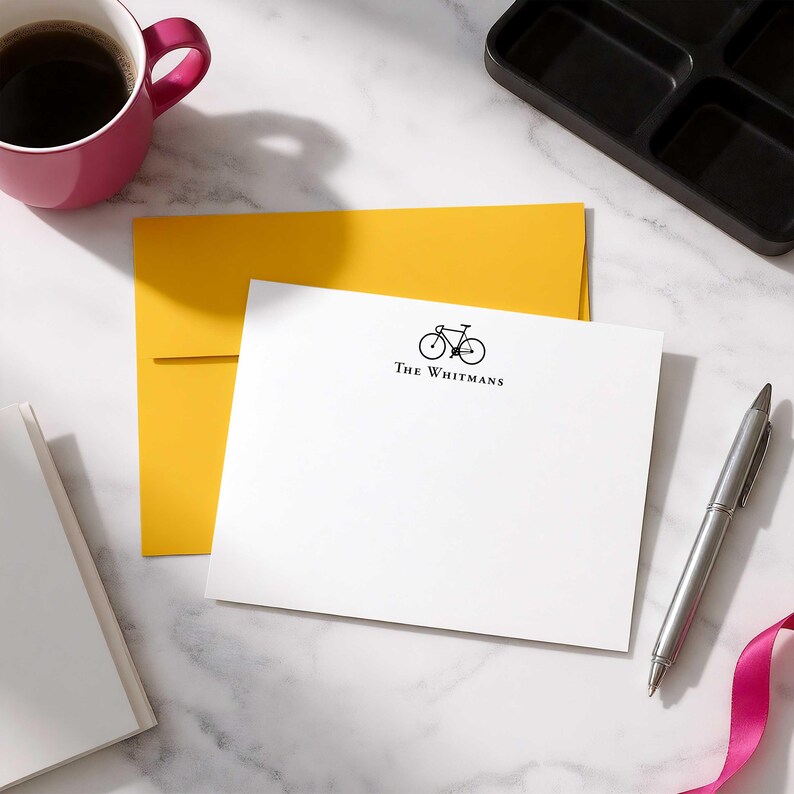 Stationery for men with bicycle artwork, personalized name, and envelopes, designed for thank you notes and everyday messages.