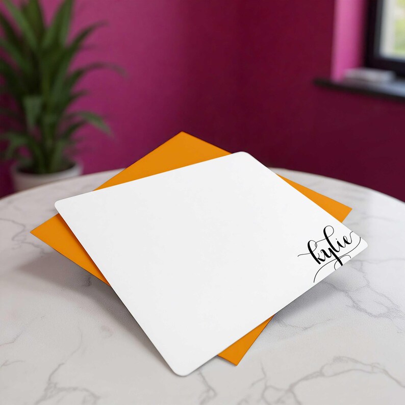 HOLLA SWASH personalized stationery for women with playful swash lettering and bold envelope colors