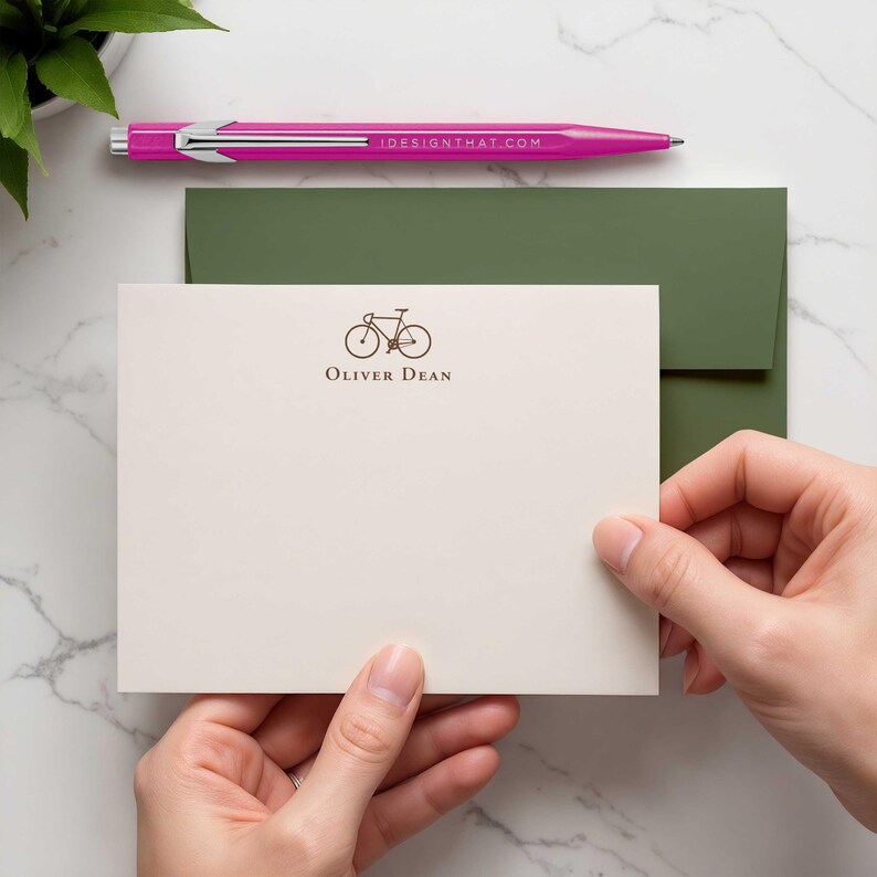 Thank you notes with bicycle design and custom personalization, made for cyclists who appreciate practical cards with envelopes.