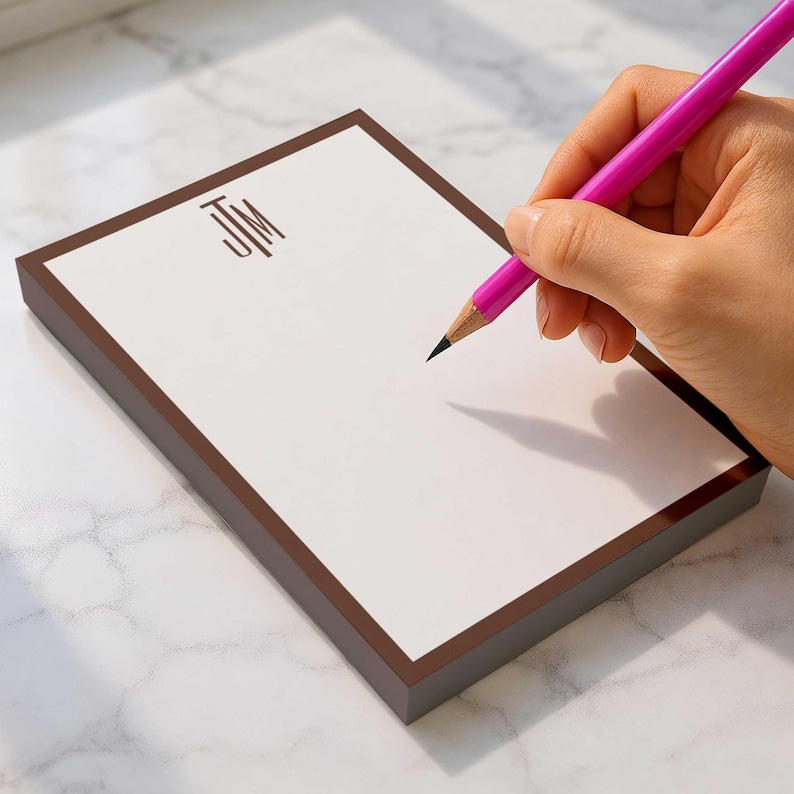 Personalized monogrammed notepad with a slim three-letter initial design and name, created as a thoughtful custom stationary gift for women.