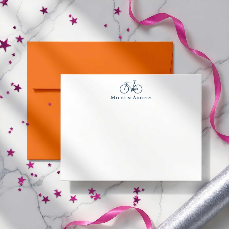 Biking note card set with personalized text, clean bicycle illustration, and envelopes for thank you notes or quick hello cards.