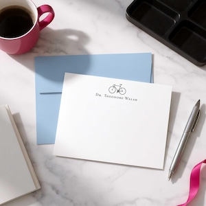 Stationery for women or men with bicycle artwork, personalized notecards, and envelopes for thank you notes and thoughtful messages.