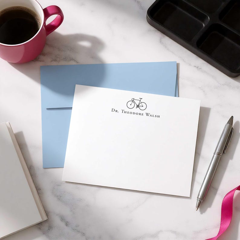 Stationery for women or men with bicycle artwork, personalized notecards, and envelopes for thank you notes and thoughtful messages.