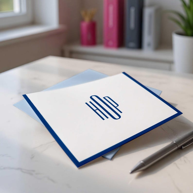 Custom monogram stationery with Snow or Ivory cardstock and personalized ink and envelope color selections.
