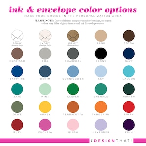Ink and envelope color chart for bike stationary sets showing personalization colors and envelope options for bicycle notecards.