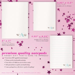 Size comparison chart showing Monterey Monogram notepad options in 4.25 x 5.5, 4.25 x 6.25, and 5 x 7 inches.