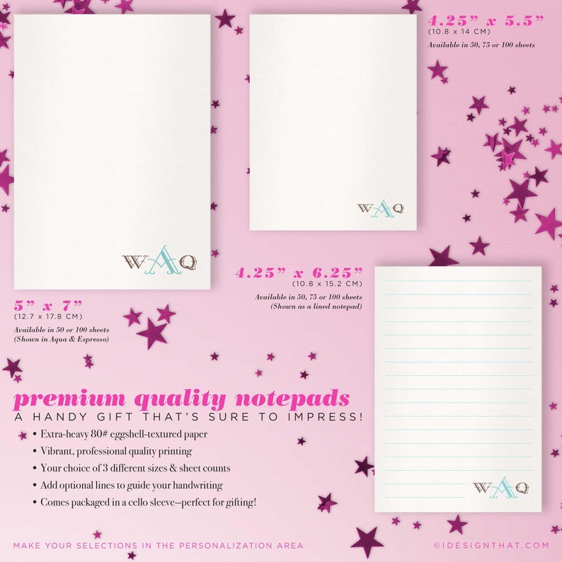 Size comparison chart showing Monterey Monogram notepad options in 4.25 x 5.5, 4.25 x 6.25, and 5 x 7 inches.