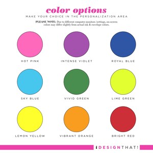 Envelope color choice chart for HOLLA SWASH personalized notecards with bright A2 envelope options