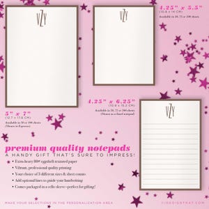 Size comparison chart for personalized monogrammed notepads showing available custom notepad sizes and sheet count options.