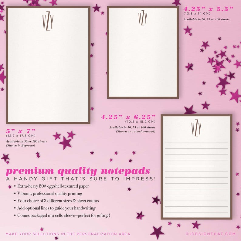 Size comparison chart for personalized monogrammed notepads showing available custom notepad sizes and sheet count options.