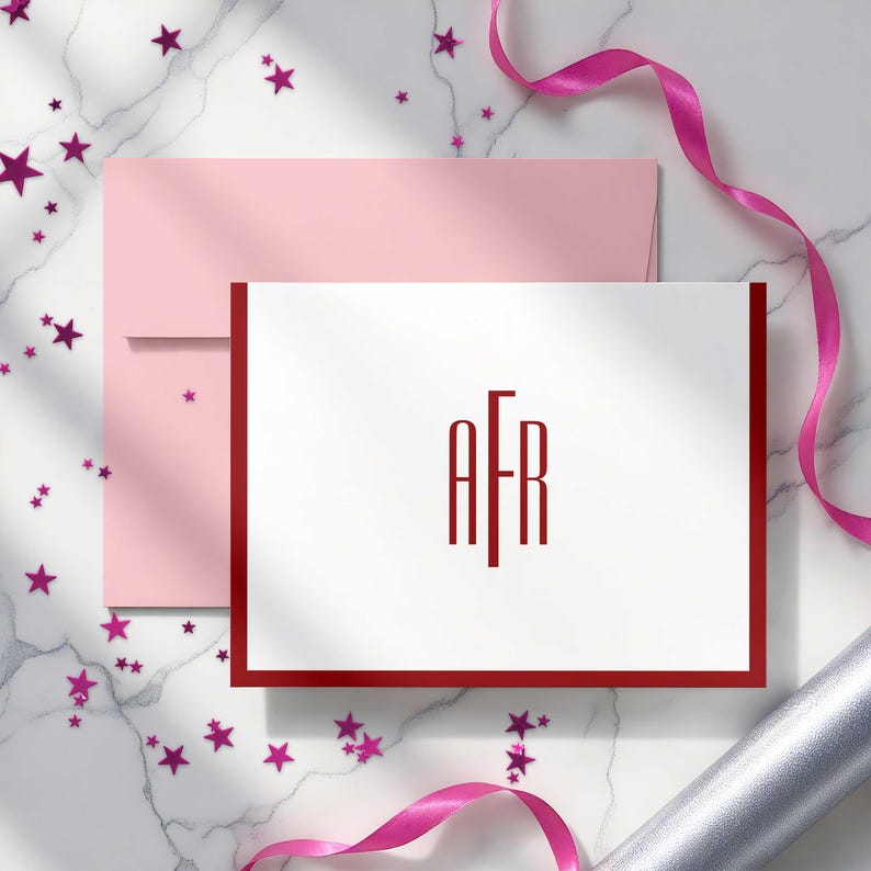 Slim Monogram folded notecard set personalized with first, last, and middle initials in a polished vertical layout.