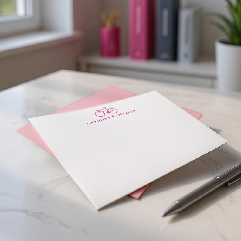 Bike stationary set with custom name, bicycle illustration, and envelopes, designed as practical paper for handwritten thank you notes.