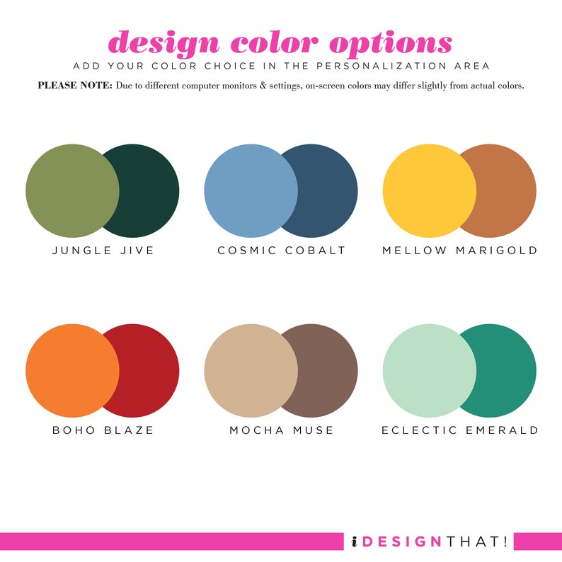 Op de afbeelding: Een grafiek met 10 kleurcombinaties voor designinspiratie. De kleurcombinaties zijn: Jungle Jive, Cosmic Cobalt, Mellow Marigold, Boho Blaze, Mocha Muse, Eclectic Emerald. De tekst "design color options" en "&iexcl;DESIGNTHAT!" is ook in de afbeelding opgenomen.
