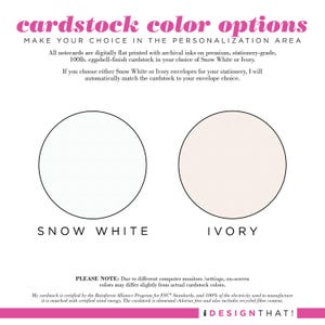 Cardstock color chart comparing Snow white and Ivory eggshell cardstock options for custom monogram stationery.