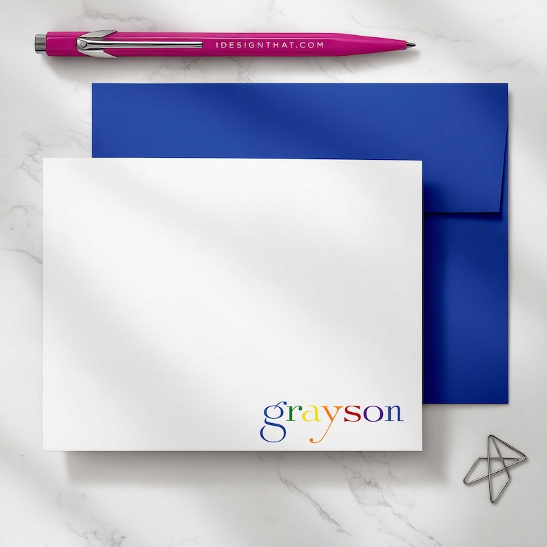 Personalized RAINBOW flat notecards for kids with a bright rainbow name design and coordinating envelope