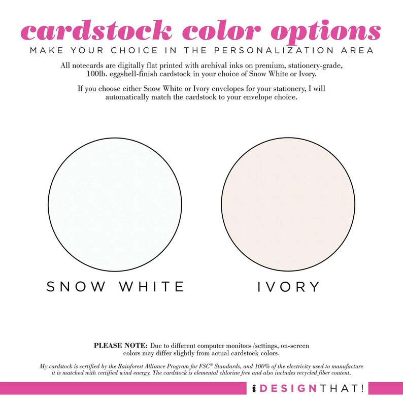 Cardstock color chart for personalized bicycle notecards showing available paper color options for custom note cards and flat notecard sets.