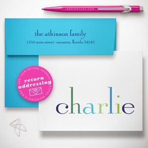 The return‑address upgrade on a rainbow stationery envelope completes a personalized kids note card set for polished thank you notes.