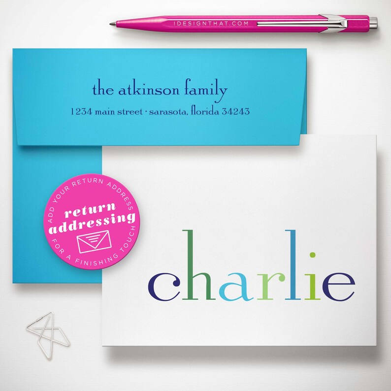 The return‑address upgrade on a rainbow stationery envelope completes a personalized kids note card set for polished thank you notes.