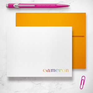 Rainbow notecards for kids, personalized with a custom name and paired with an A2 envelope