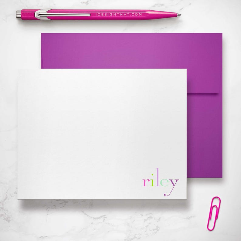 Baby stationary and cute toddler notes personalized with a bright rainbow name on flat A2 notecards