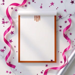 Custom notepad with monogram initials and name, a useful paper gift for birthdays, teachers, coworkers, or bridesmaids.