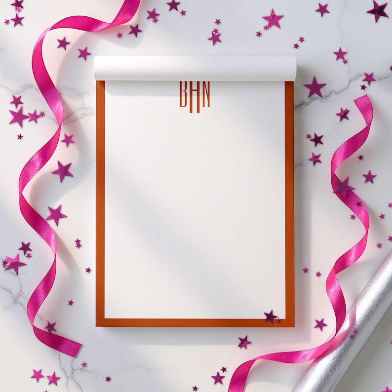 Custom notepad with monogram initials and name, a useful paper gift for birthdays, teachers, coworkers, or bridesmaids.